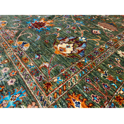 Close-up: Khorjin rug with floral blossoms, vines, and colorful accents