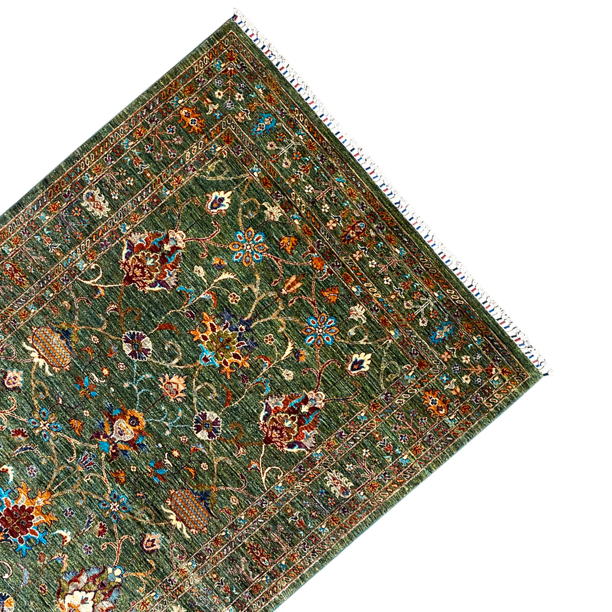 Khorjin rug in dark green, angled, with a surrounding frame and decorative border