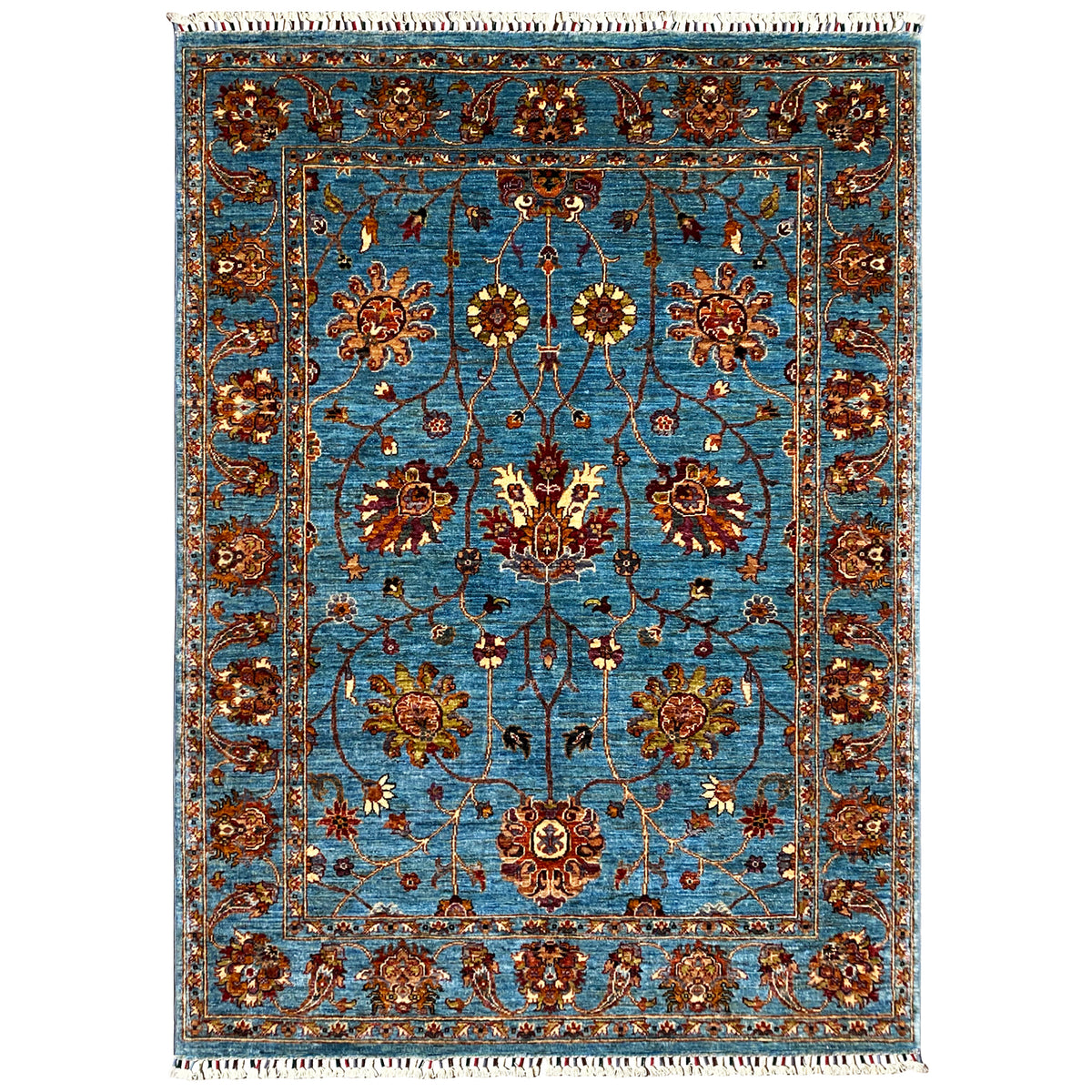 Blue Khorjin rug with a floral ornamental pattern and fringes, rectangular