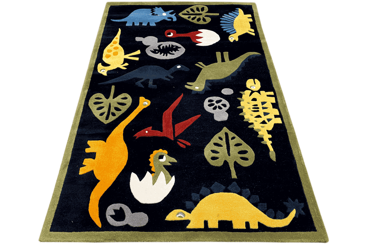 Rectangular children's rug with dinosaurs, dark blue background, colorfully printed, 120x180