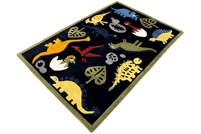 Children's rug with dinosaur motifs, dark blue, rectangular, corner in focus, 120x180