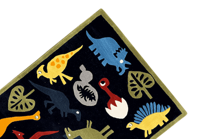 Corner detail of the children's rug with dinosaurs, dark blue background, yellow-orange elements