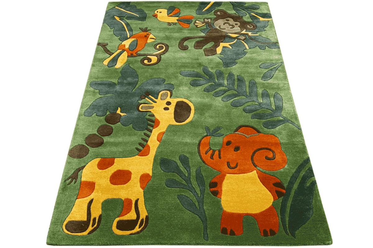 Rectangular children's jungle rug in green with giraffe, elephant, and leaf motifs