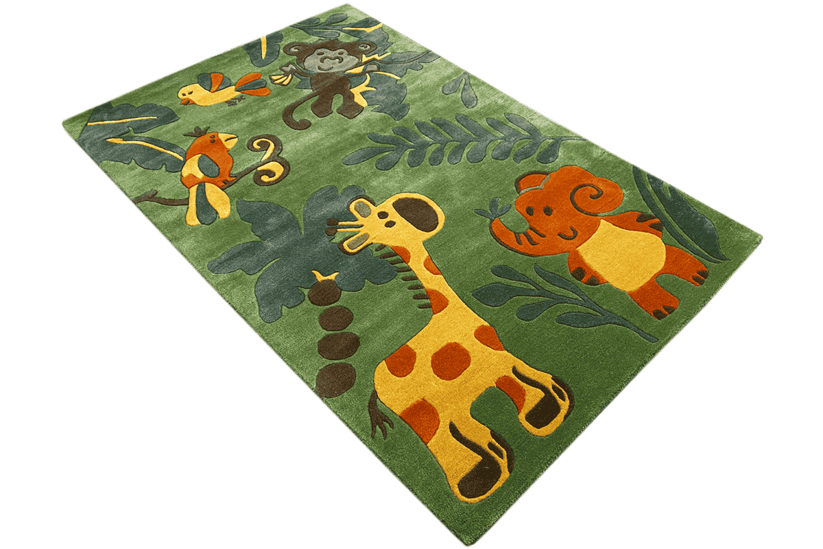 Children's jungle rug, green pile with animal and leaf motifs
