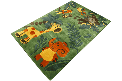 Children's jungle rug in green with various animals and leafy plants