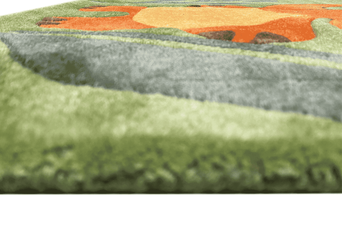 Close-up of the hand-tufted carpet edge: green pile with a colored border