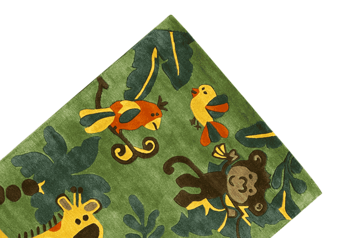 Corner of the children's jungle rug with birds, animal figures and leaves