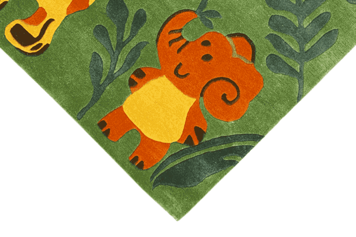 Rug corner with an orange and yellow animal motif, surrounded by leaves