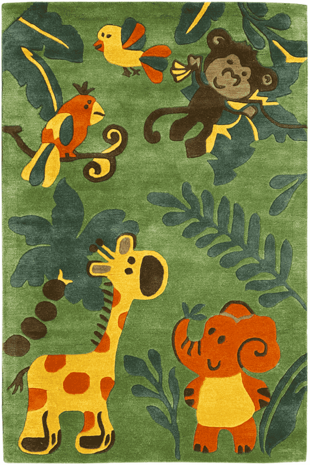 Green children's jungle rug with animal and leaf motifs, rectangular