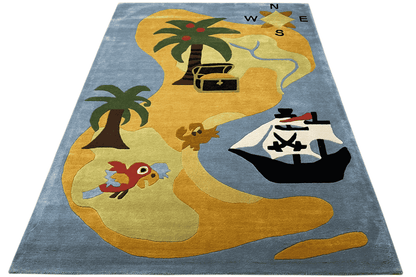 Children's rug 170x240 cm, large-scale pirate design with a ship, animals, and a palm tree