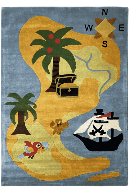 Children's rug 170x240 cm with pirate and animal motifs in blue, yellow, and green