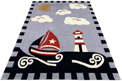 Rectangular children's sailing boat rug: gray background with a sailing boat, lighthouse, and clouds