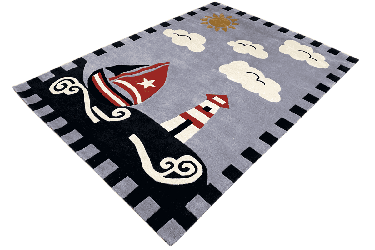 Children's sailing boat rug with a gray background, lighthouse, sailboat, and clouds in a tiled border