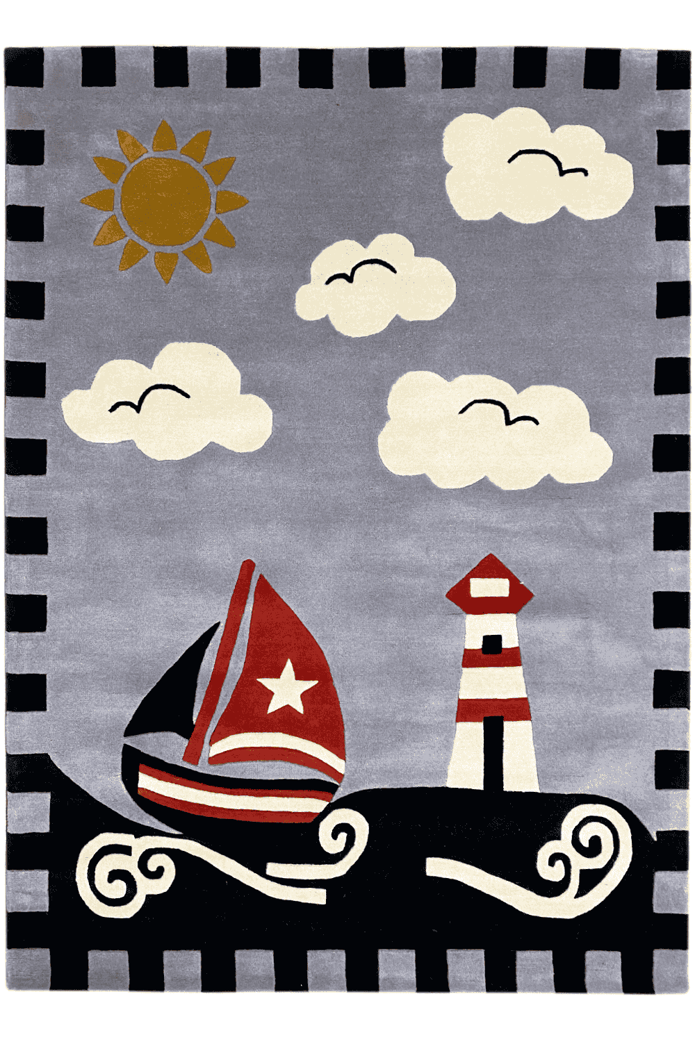 Children's sailing boat rug with a gray background, clouds, sun, lighthouse, and sailboat