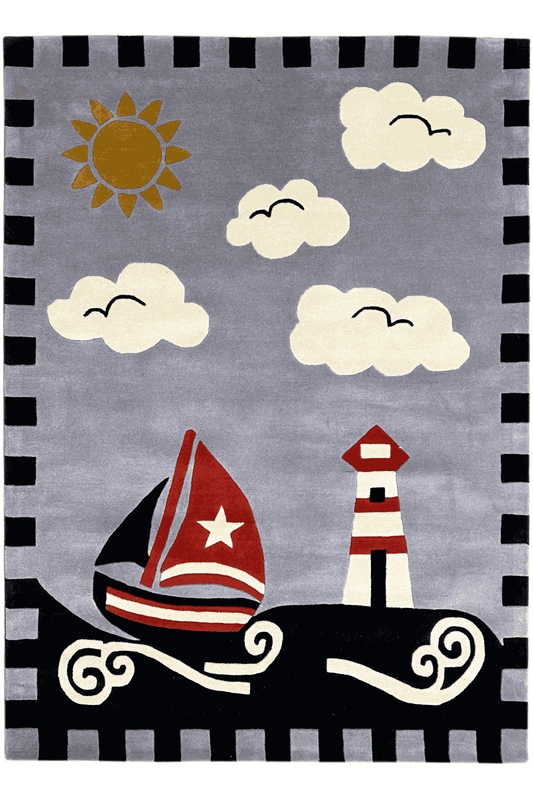 Children's sailing boat rug with a gray background, clouds, sun, lighthouse, and sailboat
