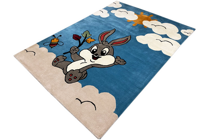 Children's rug with a rabbit portrait and bee, clouds and flowers, blue-beige