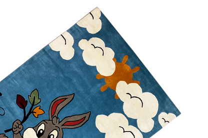 Children's rug corner with rabbits in a sea of clouds and bee wings, blue