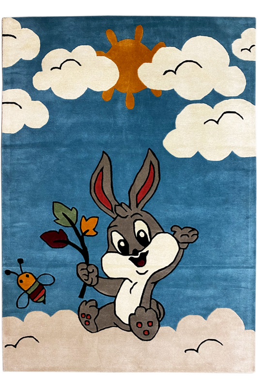 Children's rug with bunny motif, bee and clouds, blue-beige, hand-tufted