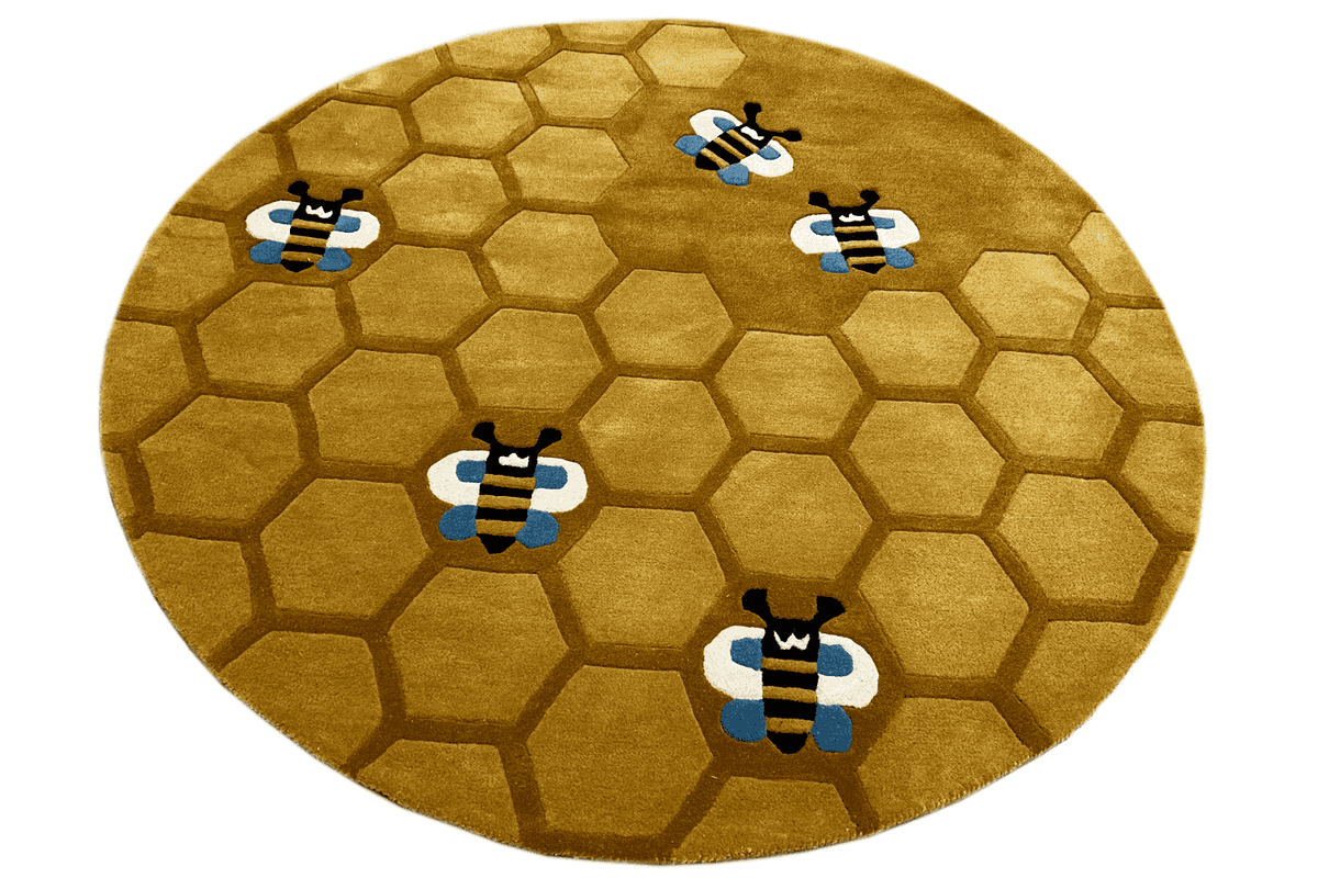 Round honeycomb rug for children, yellow-brown, with multiple bee motifs