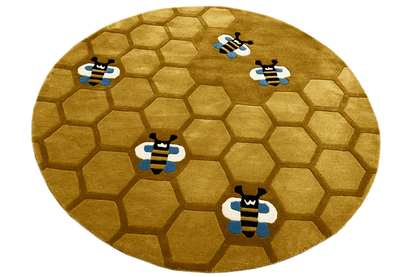 Round honeycomb rug for children, yellow-brown, with multiple bee motifs