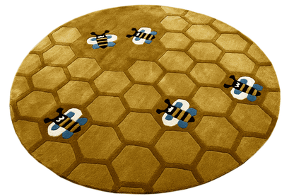 Round honeycomb rug for children, golden brown, bees in a honeycomb pattern