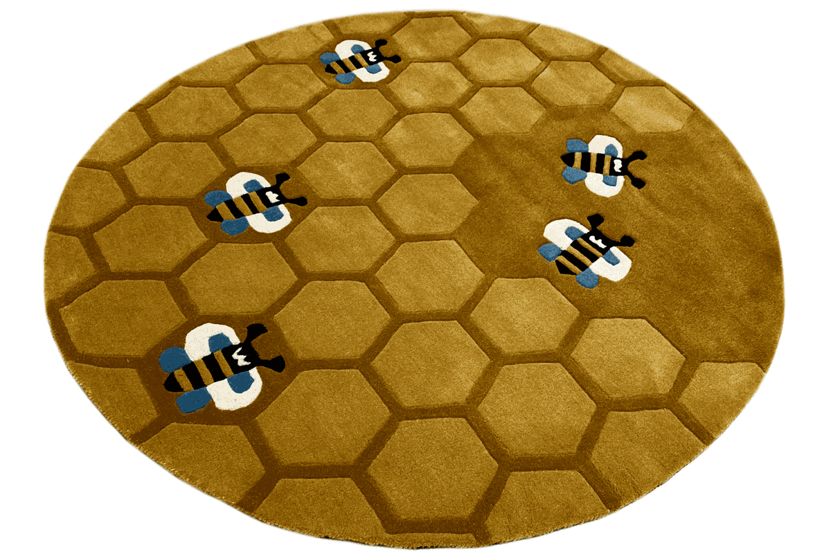 Round honeycomb rug for children, golden brown, bees on a hexagonal pattern