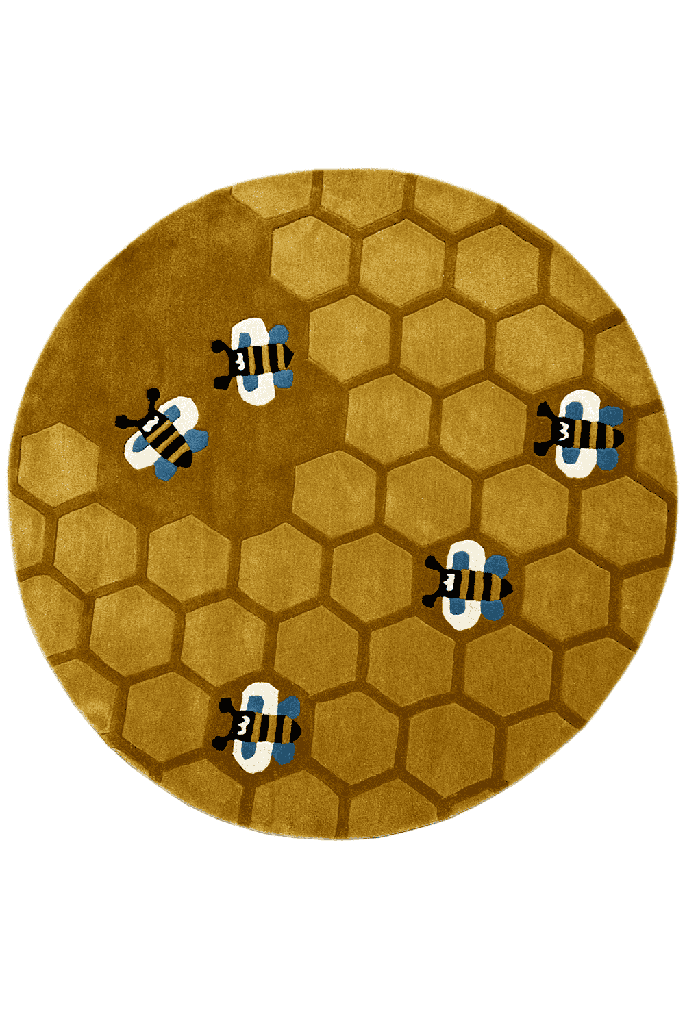 Round honeycomb rug for children, yellow-brown with a bee design, round