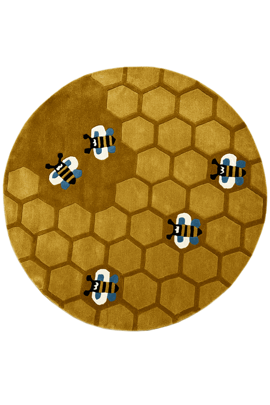 Round honeycomb rug for children, yellow-brown with a bee design, round