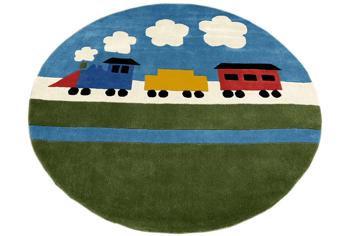 Round children's rug with a train landscape: blue sky, clouds, and several locomotives