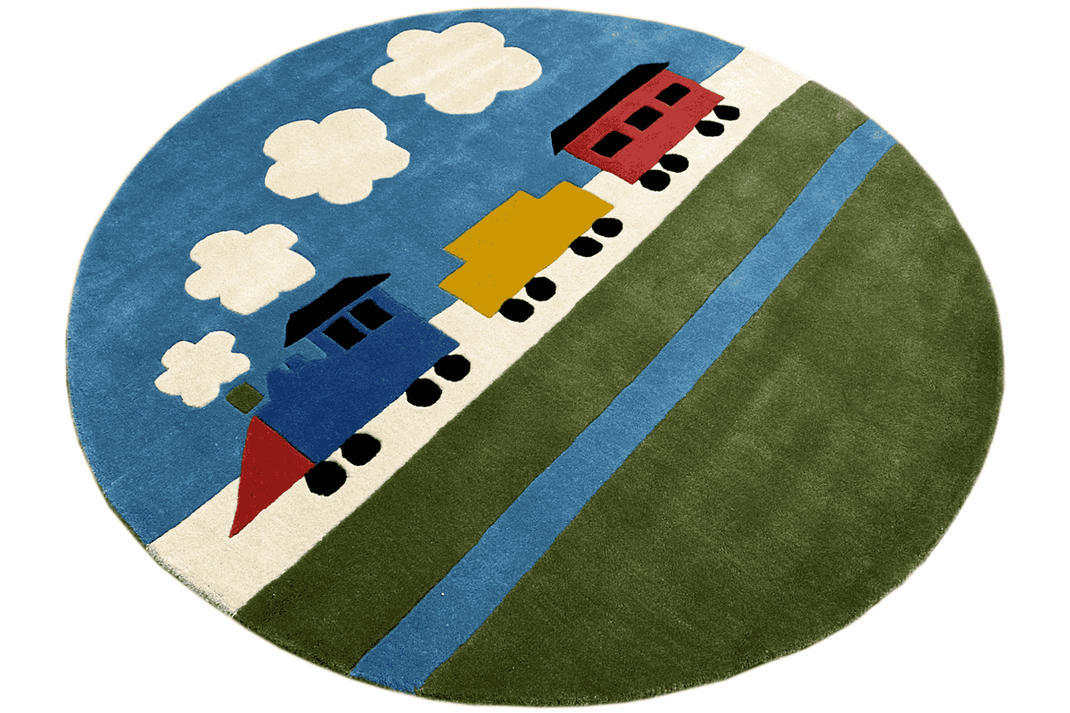 Round children's rug with train scenes in diagonal stripes: locomotives and clouds