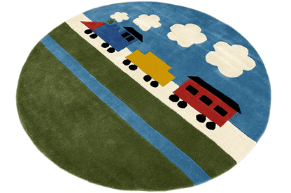 Round children's rug with a railway design: two locomotives, clouds, and green-blue stripes
