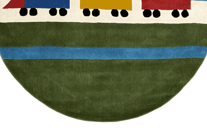 Round children's rug, lower section with a green border and blue railway track stripe