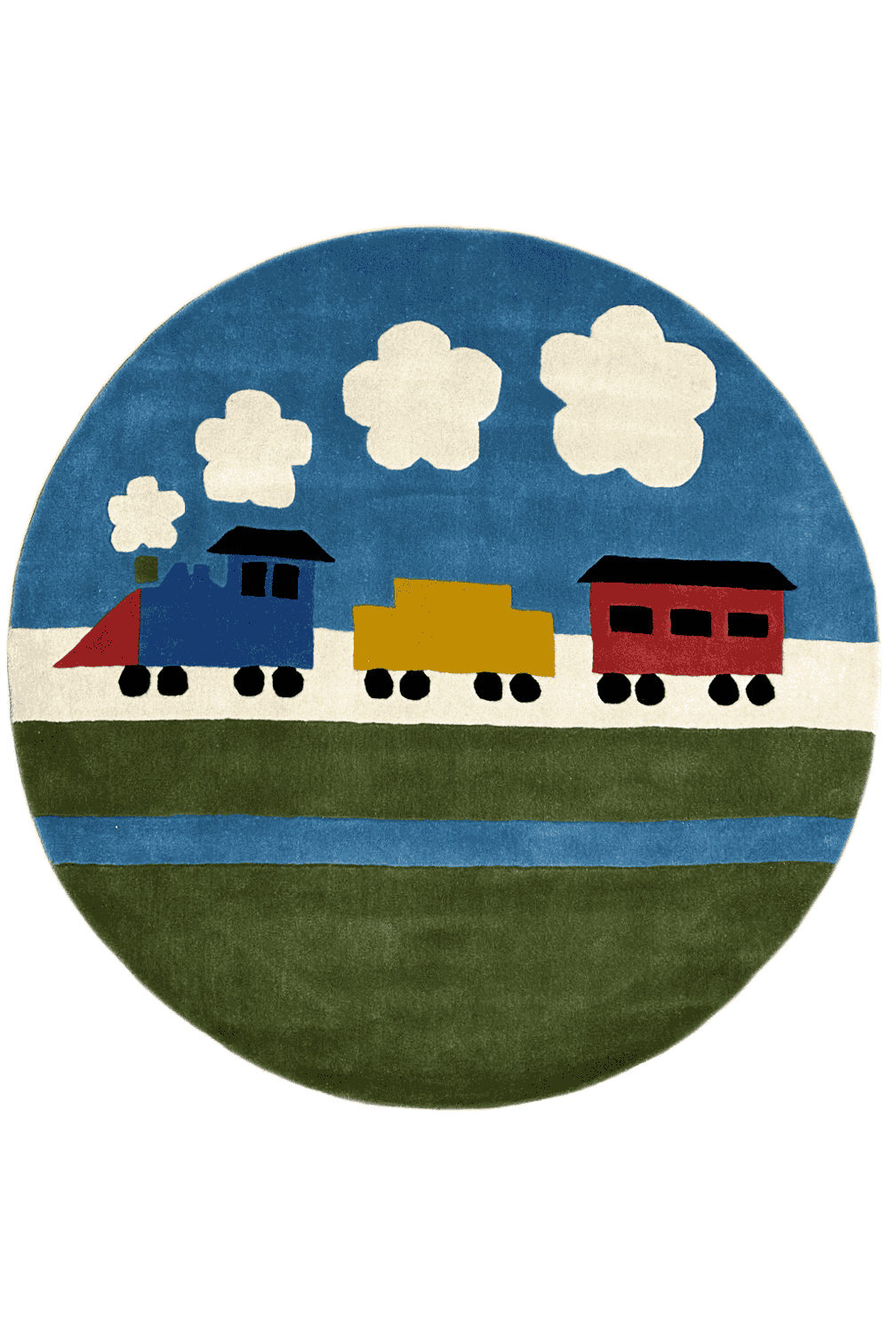 Round children's rug with a railway motif: locomotives in blue, yellow, and red, as well as clouds