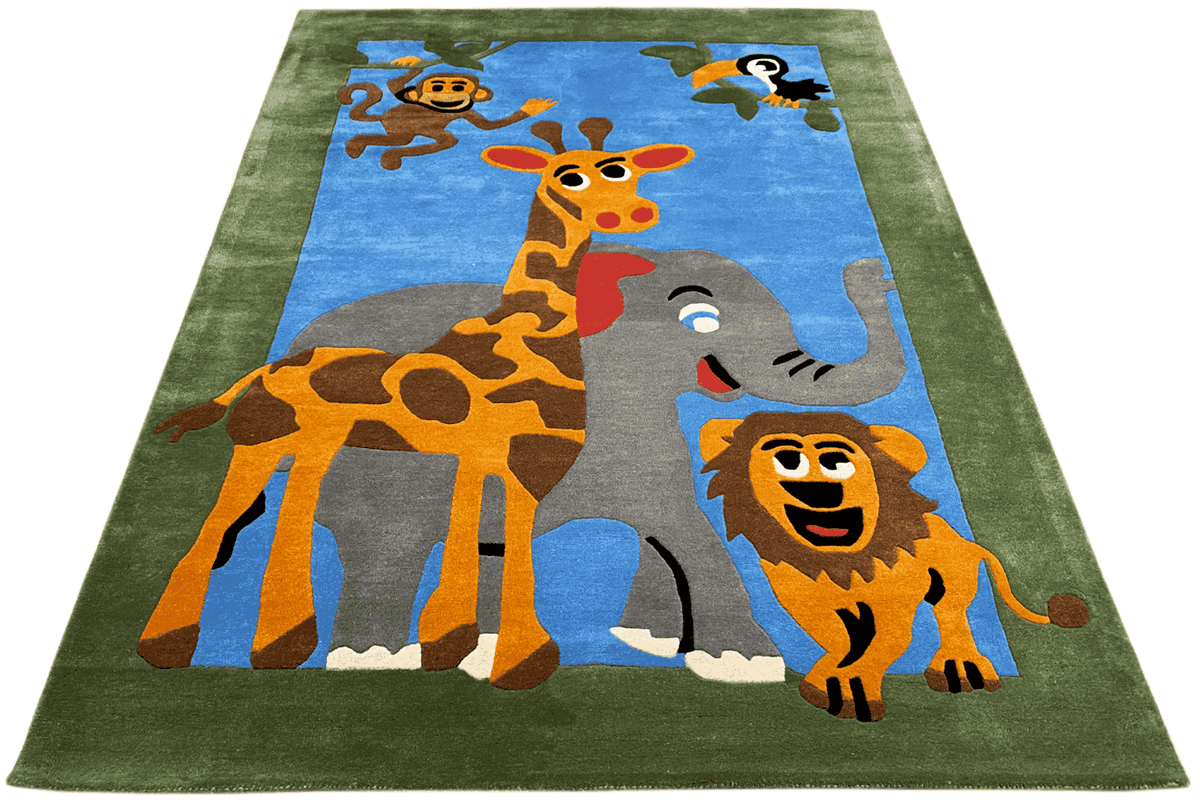 Children's rug with animal design, viewed from above: giraffe, elephant, lion and other animals