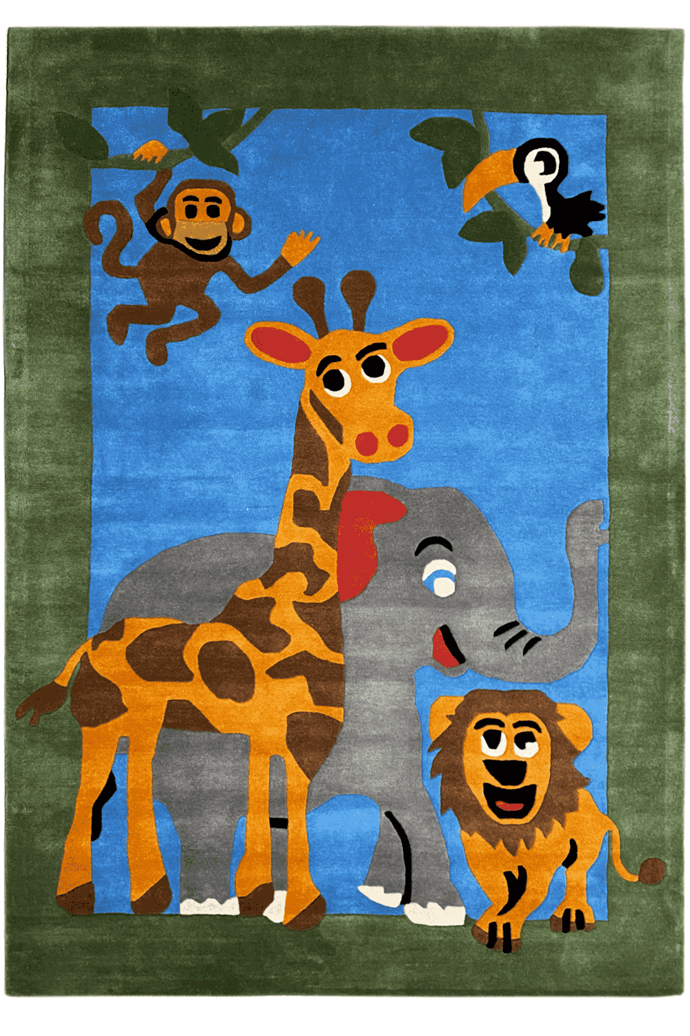 Children's room rug with animal motif: elephant, giraffe, lion, and other animals in the blue field