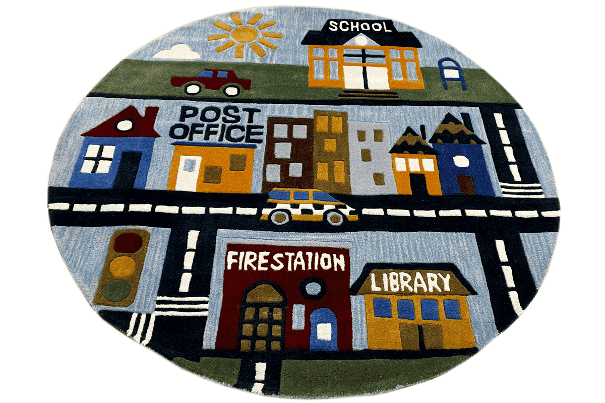 Round children's city rug with “Post Office,” “School,” and “Library” in shades of blue