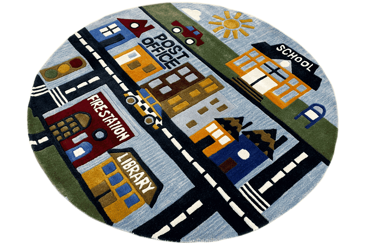 Round children's city rug with a road network, “Firestation” and “Library”