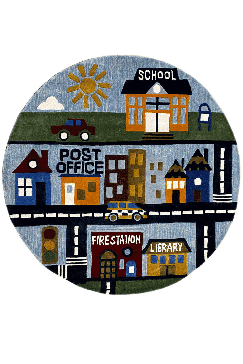 Round children's city rug, hand-tufted, blue with a street scene and buildings