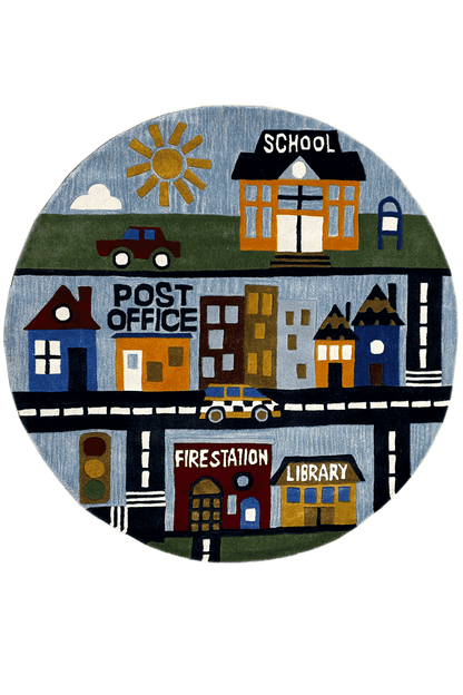 Round children's city rug, hand-tufted, blue with a street scene and buildings