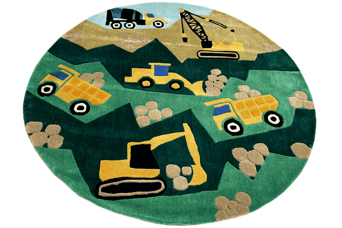 Round children's digger rug: vehicles and diggers on a dark green background