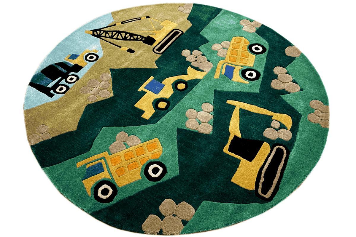 Round children's excavator rug with excavators, tractors, and yellow roads, multicolored