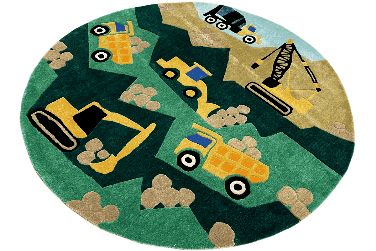 Round children's construction vehicle rug: excavators, loaders and tractors, dot and stone pattern