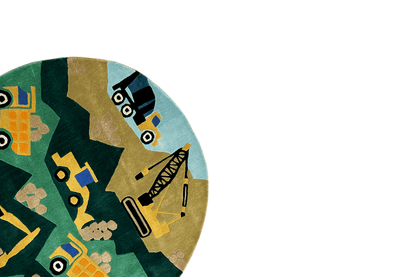 Round children's excavator rug: border area with excavators and colorful vehicles