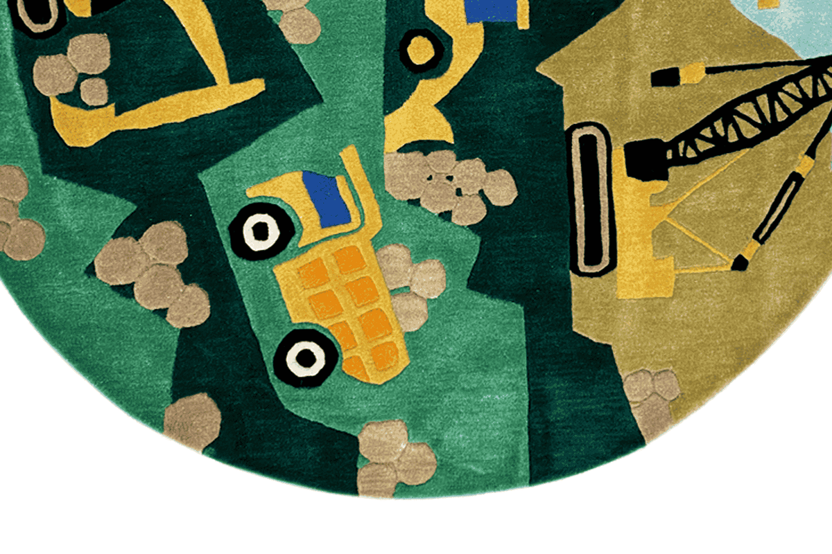 Children's excavator rug detail: excavators, tractors, and gray stone shapes