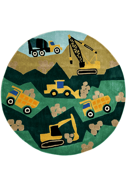 Round children's excavator rug with excavators and construction vehicles on a green background