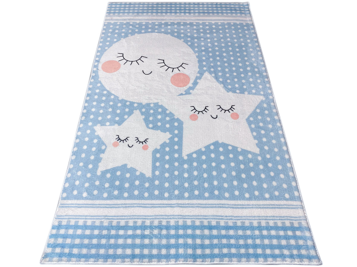 Kinderteppich rechteckig, blau mit Wolke und Sternen im Baby-Design, Streifenabschluss