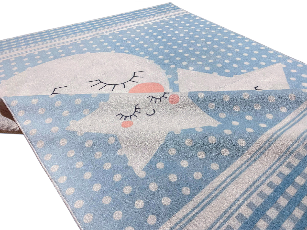 Kinderteppich-Ecke in Blau mit Sternen und Schlafaugen, gepunktetem Hintergrund und Bordüre