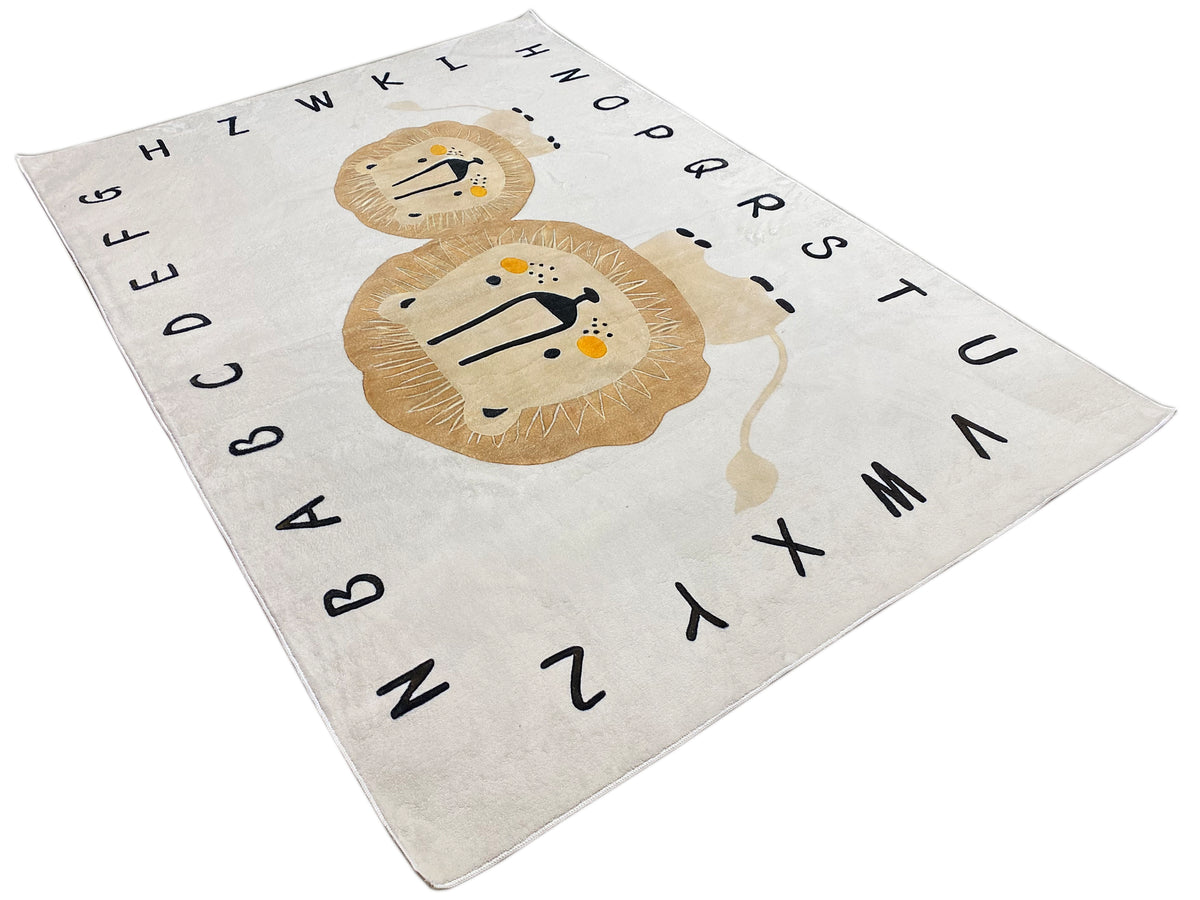 Kinderteppich mit Löwenpaar und Buchstaben umlaufend, beige