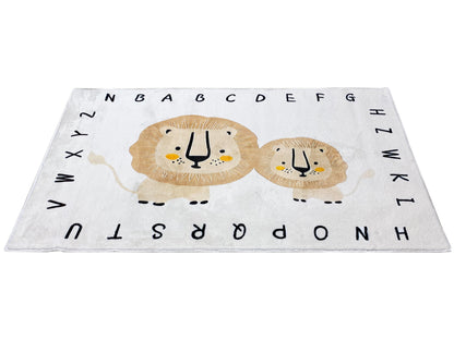 Kinderteppich mit Löwenpaar und Zahlen/Buchstaben, rechteckig, hellbeige
