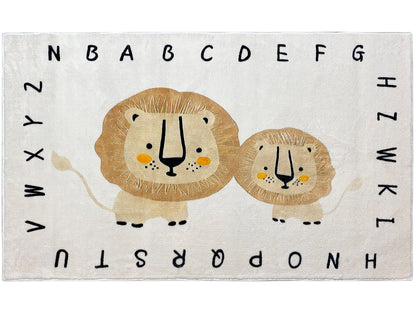 Kinderteppich mit Löwen-Motiv und Zahlen/ Buchstaben, beiger Untergrund, rechteckig